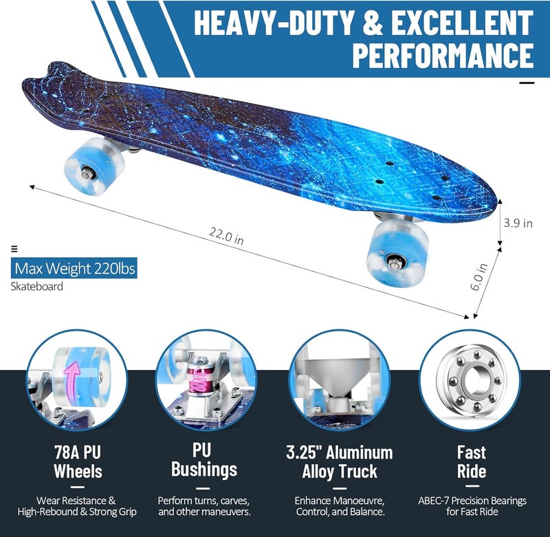 BELEEV 22 inch Skateboards for Kids, Cruiser Skateboard for Beginners Girls Boys Teens Adults, Mini Skateboards Classic Complete Skate Board with Skate T-Tool, Max Load 220 LBS - Image 3